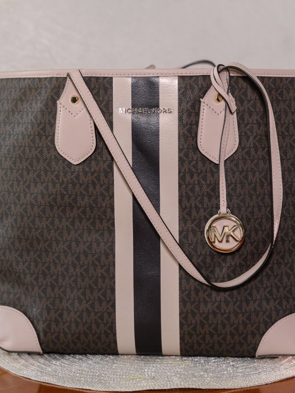 Michael Kors Eva Large Signature Logo Stripe Tote Bag Black